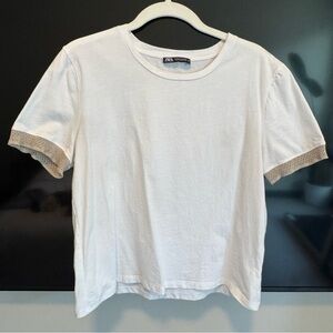 Zara White Baby Tee with Tan Sleeve Details